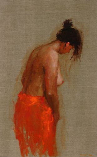 Model in red V, Oil / canvas, 2004, 80 x 50 cm, Sold