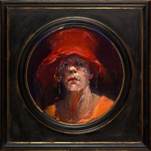 Selbstporträt mit rotem Hut, Öl auf Leinwand, 2011, O 50 cm, Verkauft