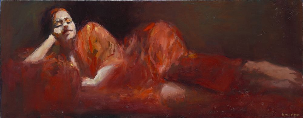 Liggend model in rood, olieverf/linnen, 2012, 40 x 120 cm, Verkocht
