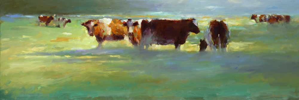 Rode koeien, olieverf / linnen, 2013, 40 x 120 cm, Verkocht