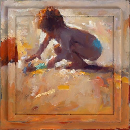 Spelend kind aan zee, olieverf / doek, 2014, 40 x 40 cm, Verkocht