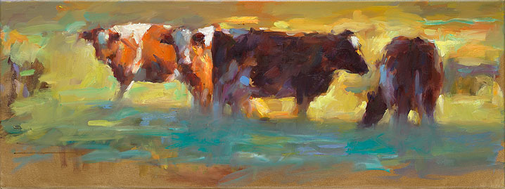 Rode koeien, olieverf / linnen, 2014, 30 x 80 cm, Verkocht