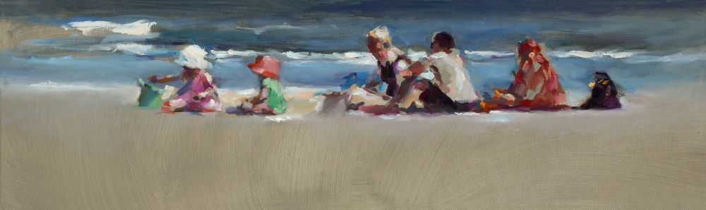 Strandfamilien, Ol auf Leinwand, 2014, 30 x 100 cm, Verkauft