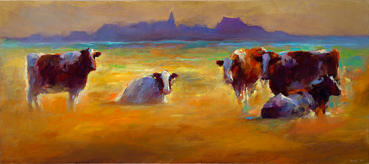 Vaches rouges, Peinture à l’huile sur toile, 2014, 30 x 80 cm, Vendu