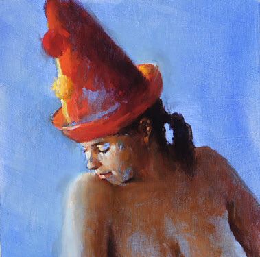 Chapeau rouge, Peinture à l’huile sur toile, 2006, 50 x 50 cm, Vendu