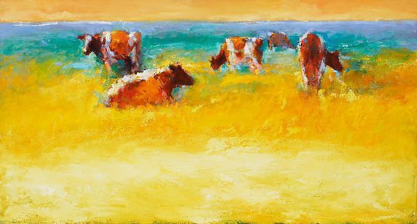 Rode koeien, Olieverf / doek, 2006, 70 x 130 cm, Verkocht