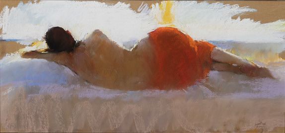 Liggend model in rood, Pastel, 2006, 43 x 89 cm, Verkocht