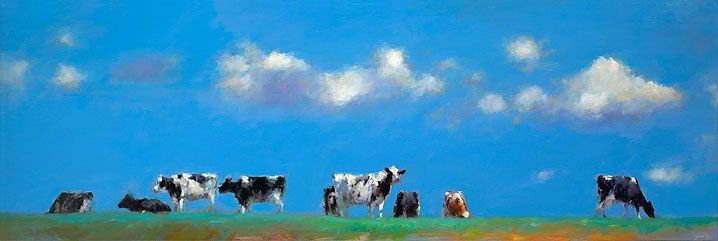 Koeien op de dijk, olieverf/linnen, 2017, 60 x 180 cm, Verkocht
