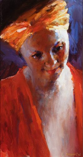 Modell mit orangenem Haarband, Öl auf Leinwand, 2006, 50 x 26 cm, Verkauft