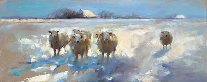 Sheep in the snow, oil / canvas, 2018, 40 x 100 cm, Sold