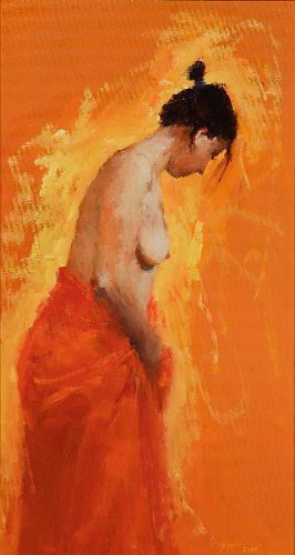 Modèle en rouge, Peinture à l’huile sur toile, 2006, 50 x 28 cm, Vendu