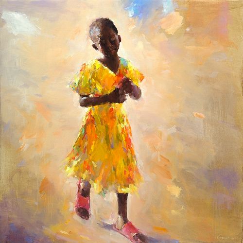 Yellow dress Cabo Verde, olieverf/linnen, 2019, 120 x 120 cm, Verkocht