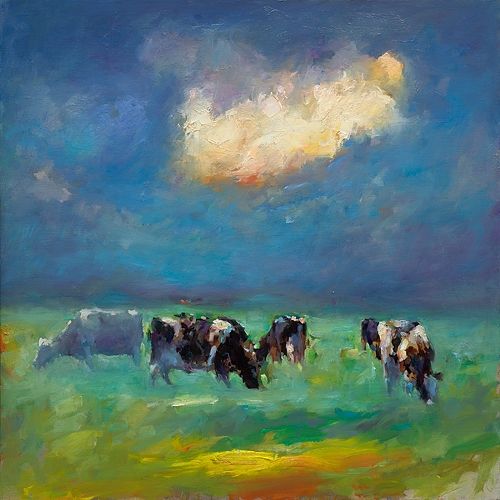 Cloud & cows, oil / canvas, 2019, 100 x 100 cm, Sold