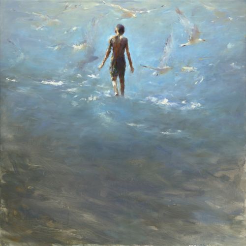 Seabirds II, peinture à l'huile, 2021, 120 x 20 cm, Vendu
