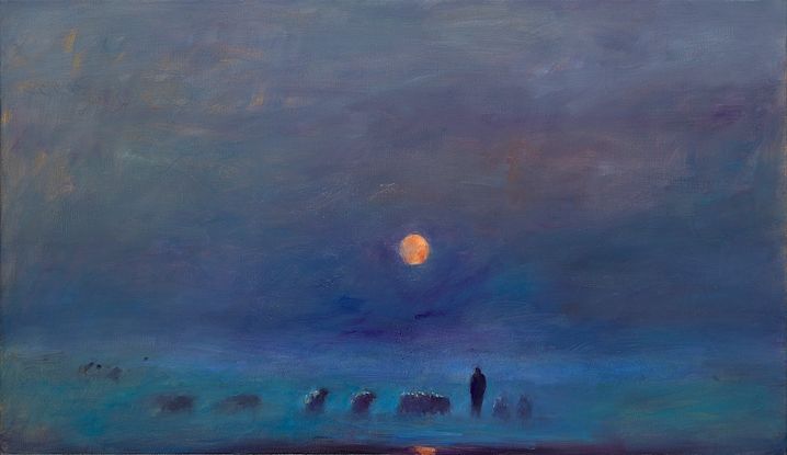 Moonlight shepherd, Öl auf Leinwand, 2021, 70 x 120 cm, Option