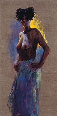 Modèle au chapeau de plumes, Peinture à l’huile sur toile, 1999, 100 x 50 cm, Vendu