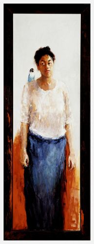 Model with bird, Oil / canvas, 2002, 160 x 50 cm, Sold